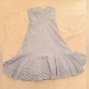 J. Crew Strapless Blue & White Seersucker Ruffle-Hem Dress